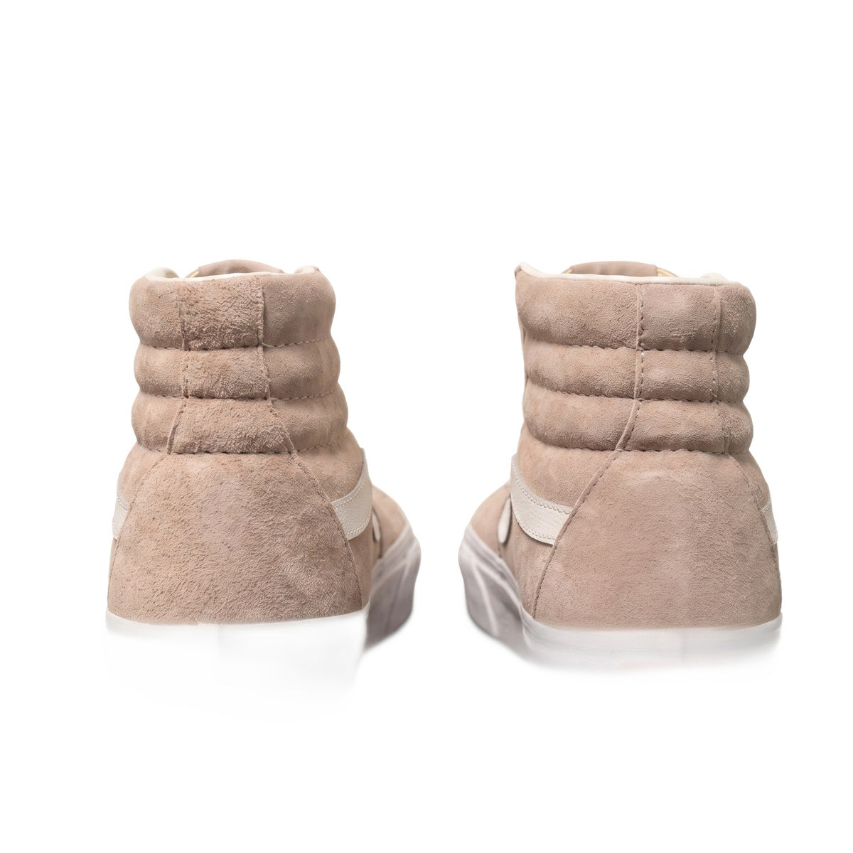 Heel view of both high-top sneakers showing the suede collars and white midsoles.
