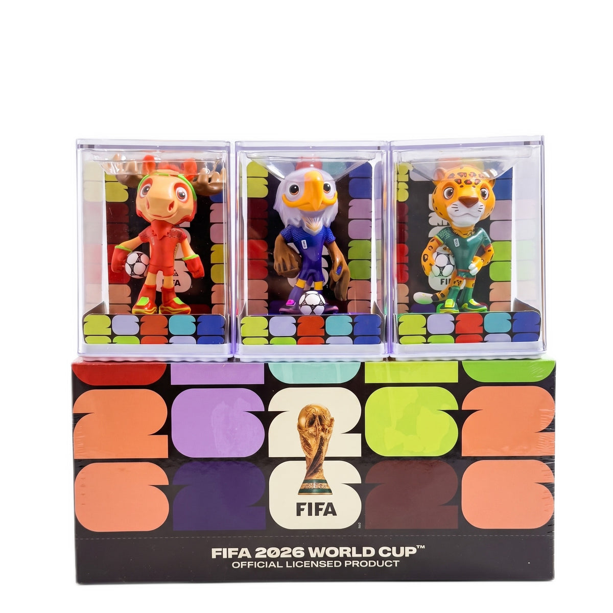 All three mascots in their cases on the FIFA 2026 collector box