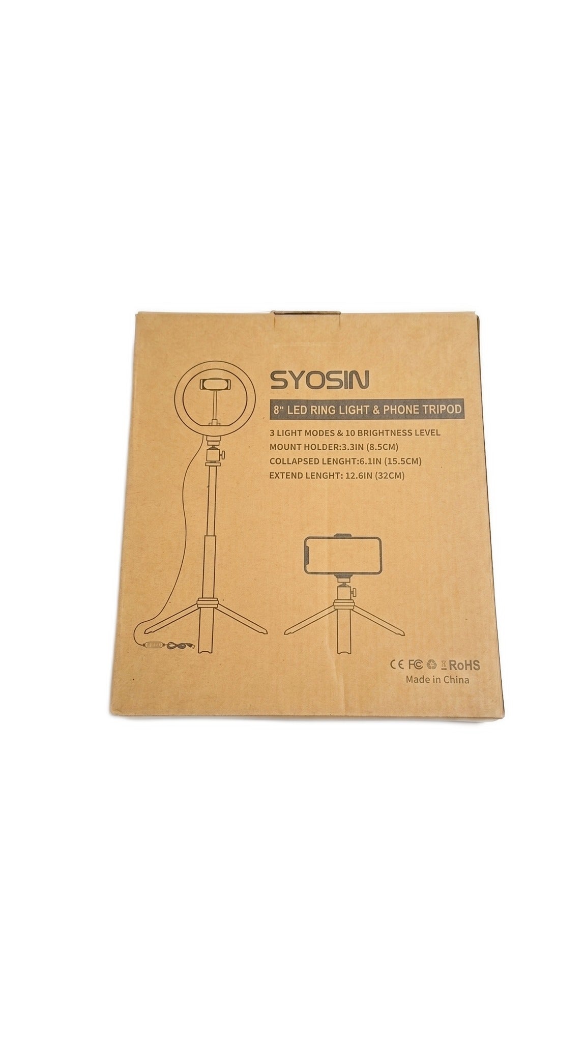 Front view of the brown cardboard packaging box containing the ring light kit.