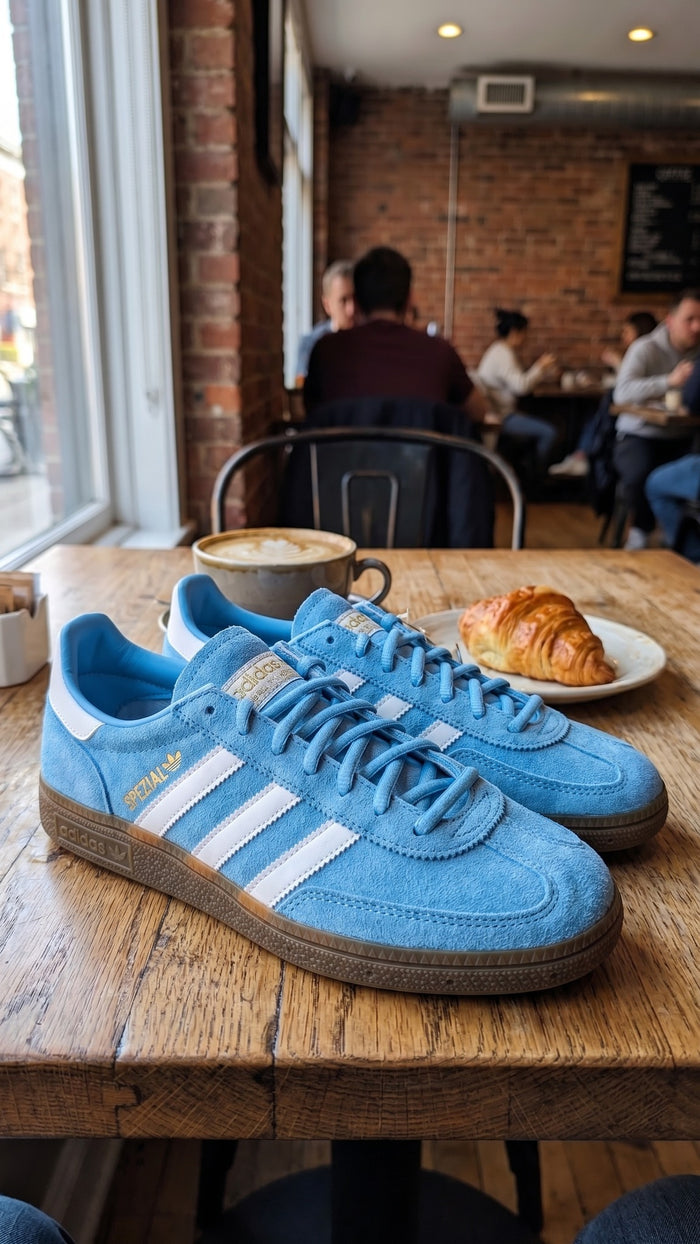 A pair of the blue sneakers on a wooden cafe table next to a cup of coffee.