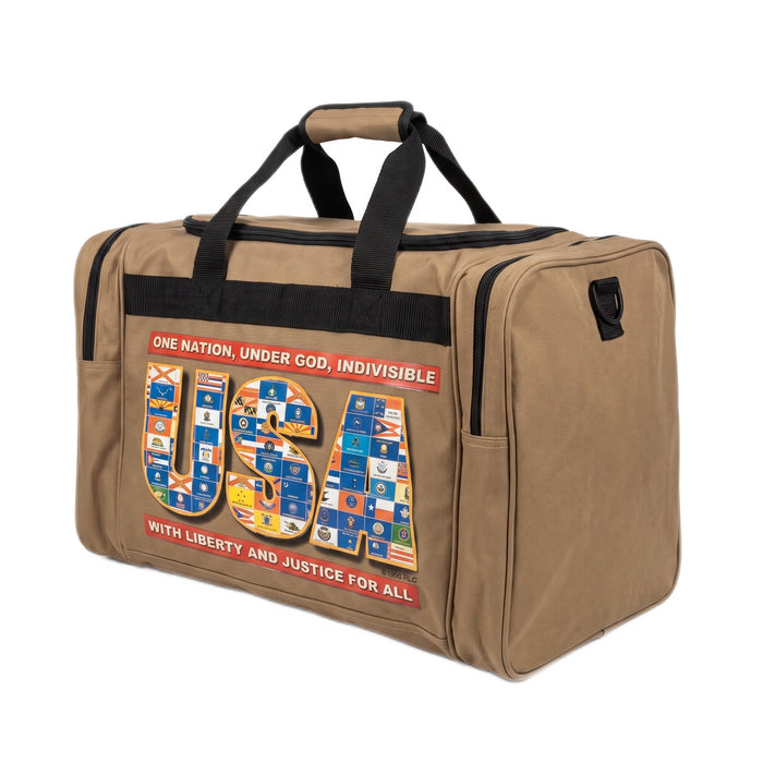 Three-quarter front view of tan duffel bag with USA state flags graphic and black handles.