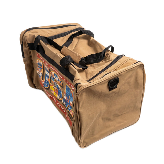 High-angle view showing the top zippered compartment, black handles, and front graphic.