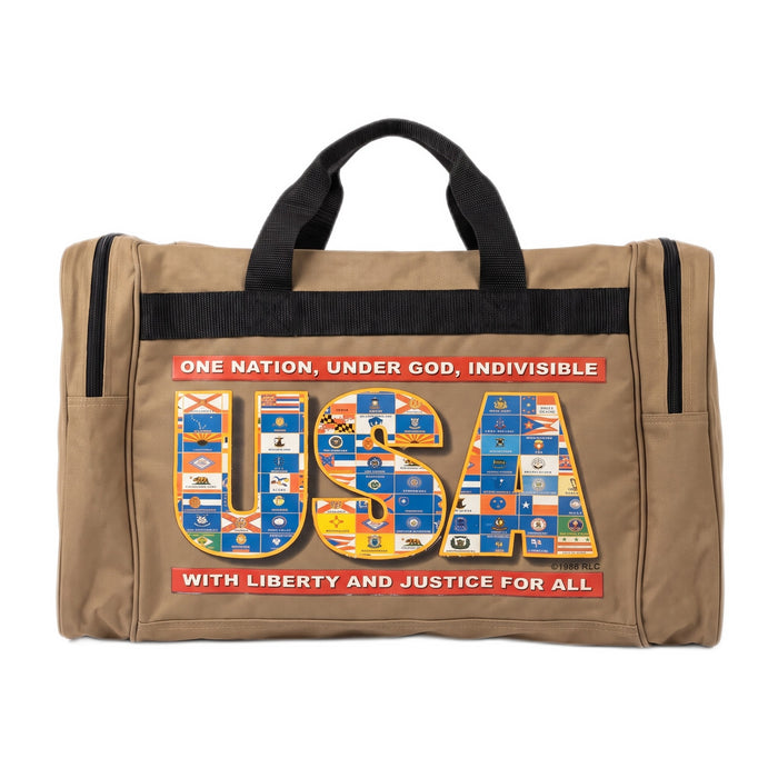 Straight-on front view of the tan duffel bag highlighting the USA state flags graphic.