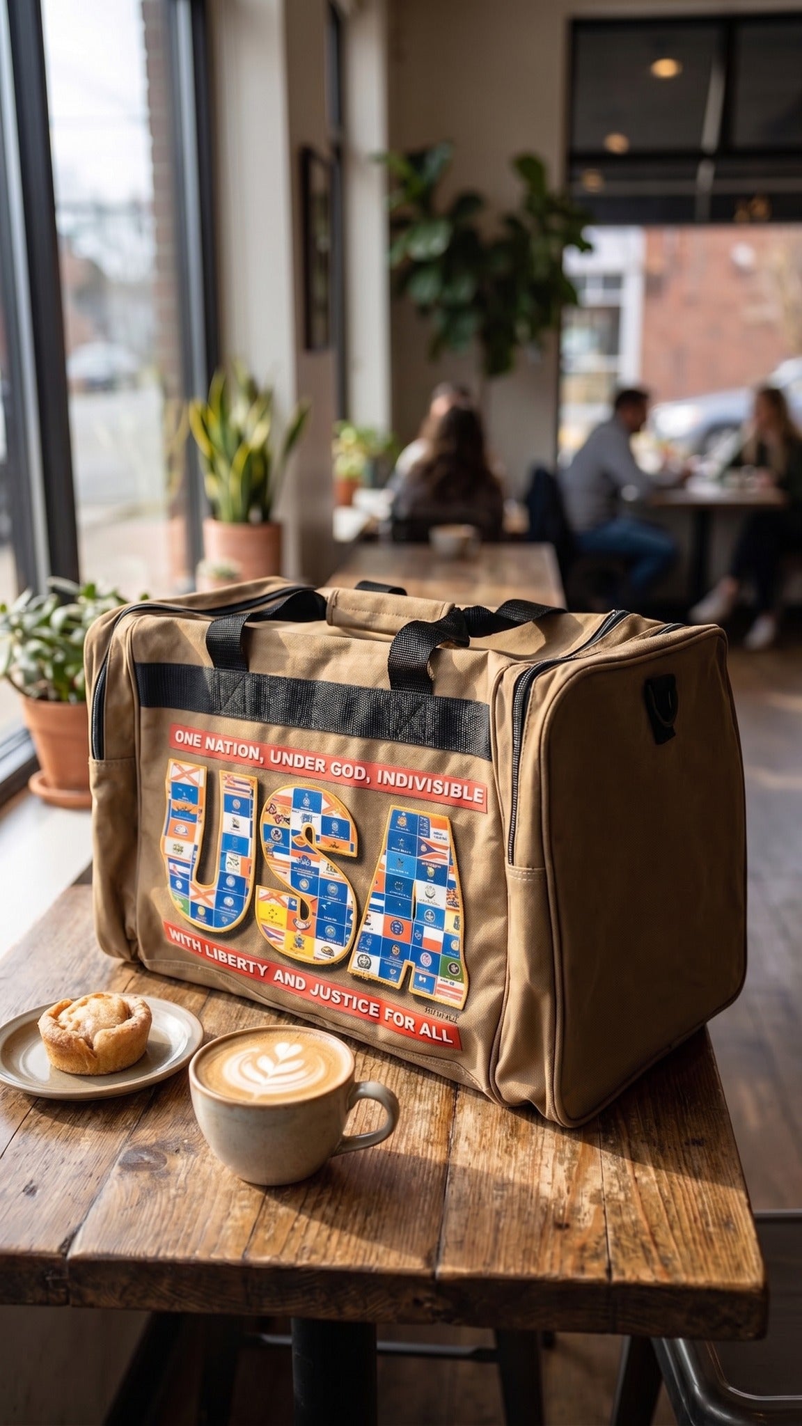 Tan duffel bag on a wooden coffee shop table next to a latte and pastry.