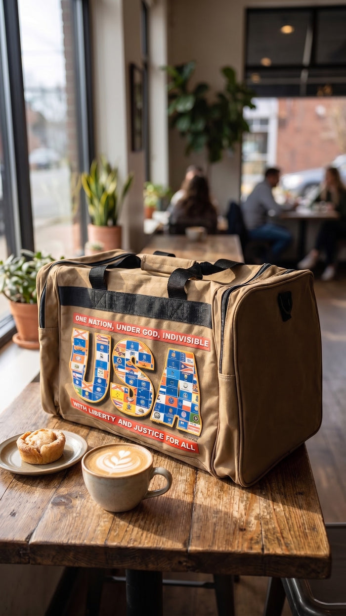 Tan duffel bag on a wooden coffee shop table next to a latte and pastry.