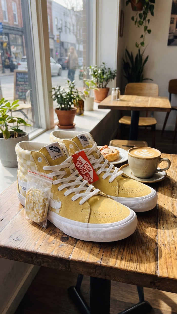 Lifestyle view of the yellow sneakers displayed on a wooden table in a cafe.