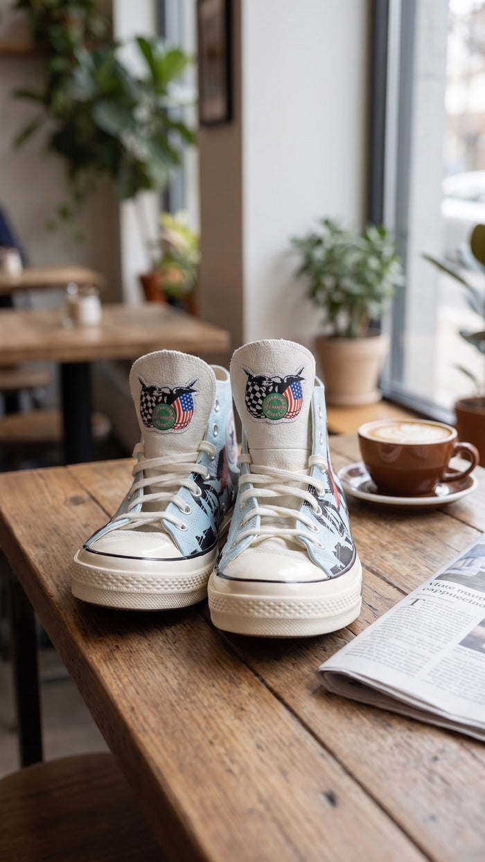 The sneakers displayed on a wooden cafe table next to a coffee cup.