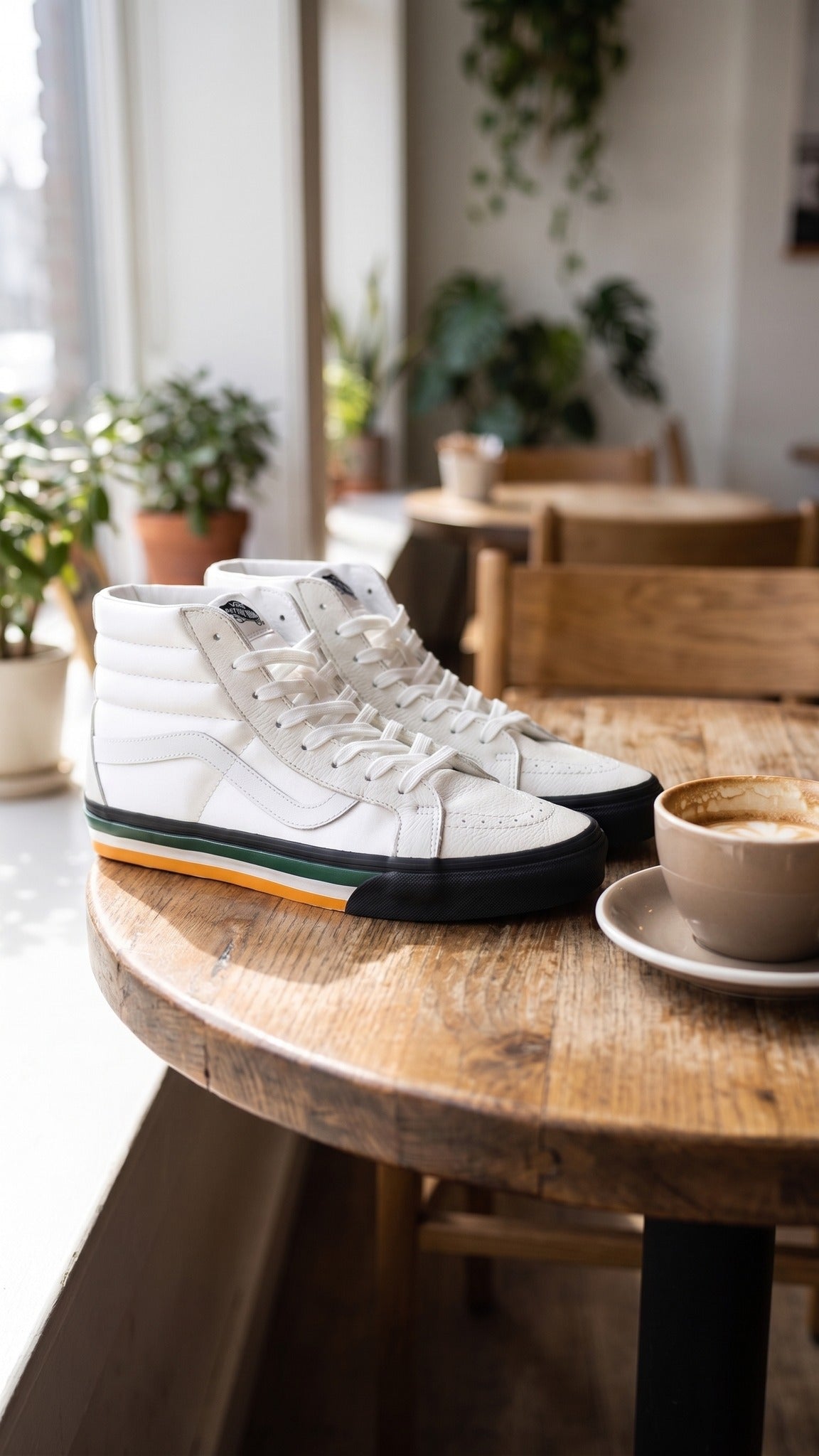 Side view of the white sneakers displayed on a wooden cafe table next to a cup of coffee.