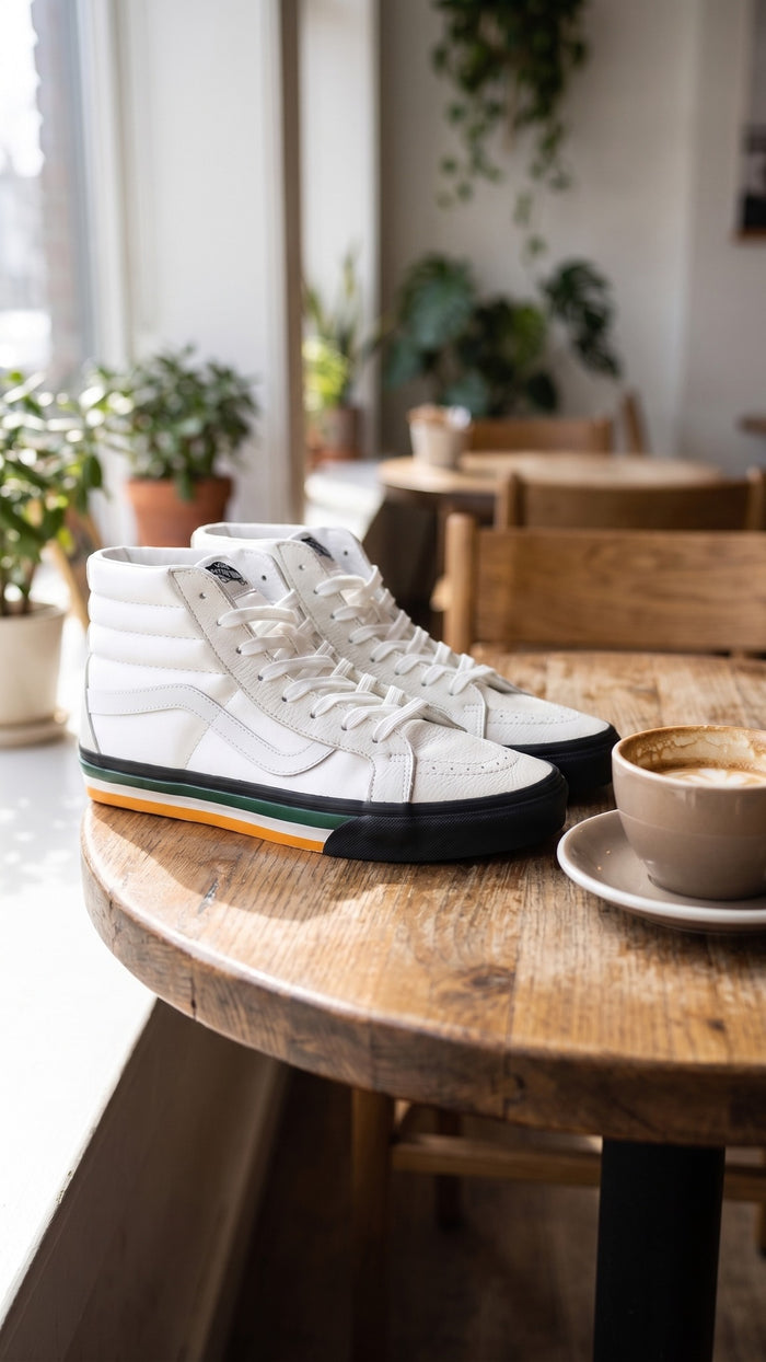 Side view of the white sneakers displayed on a wooden cafe table next to a cup of coffee.