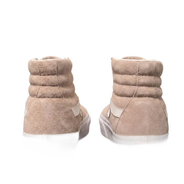 Heel view of both high-top sneakers showing the suede collars and white midsoles.