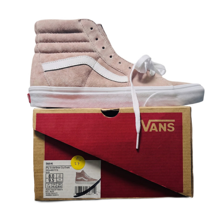 Side profile of one shoe sitting on the Vans box, showing the size tag and barcode.