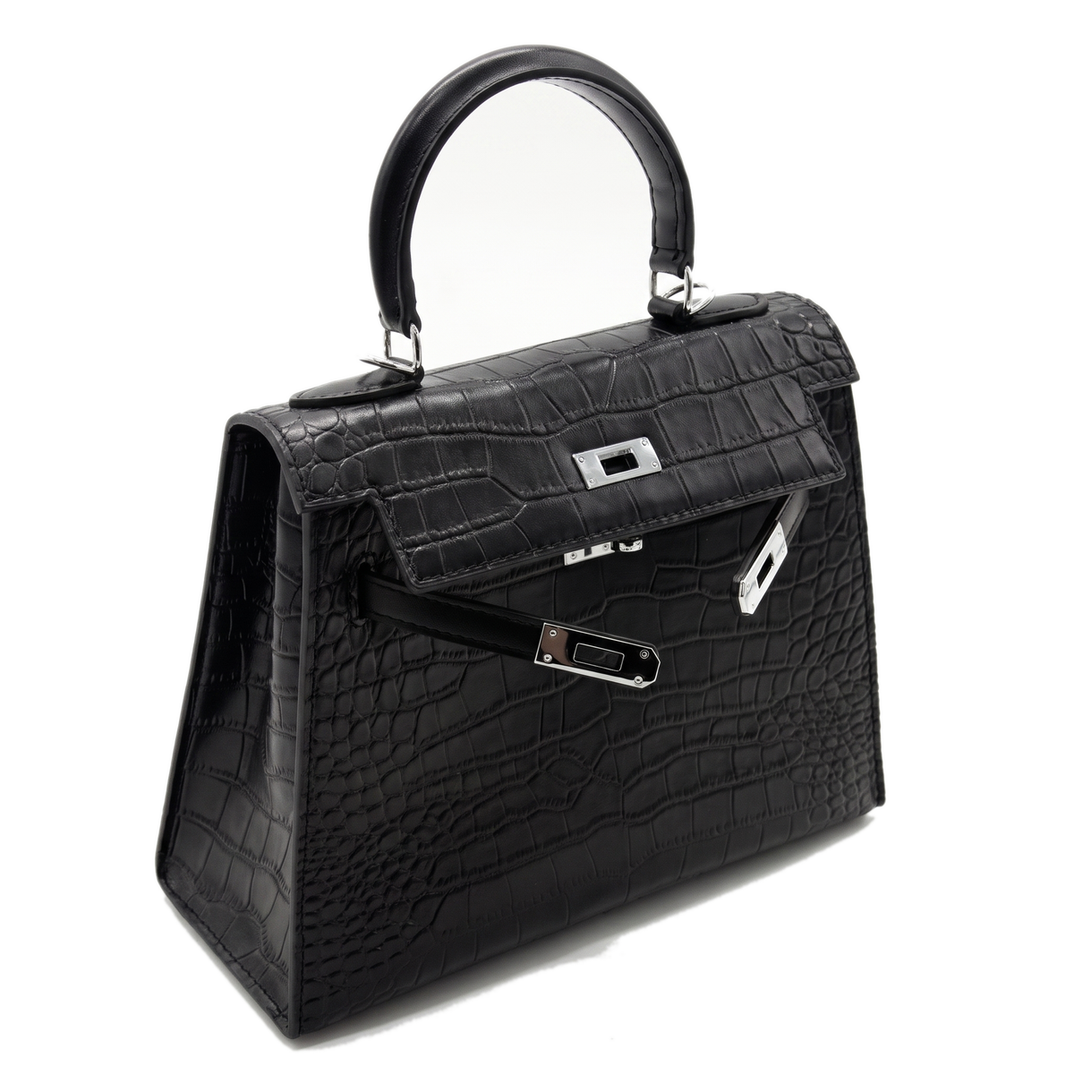 Black croc-embossed leather top handle bag, front view