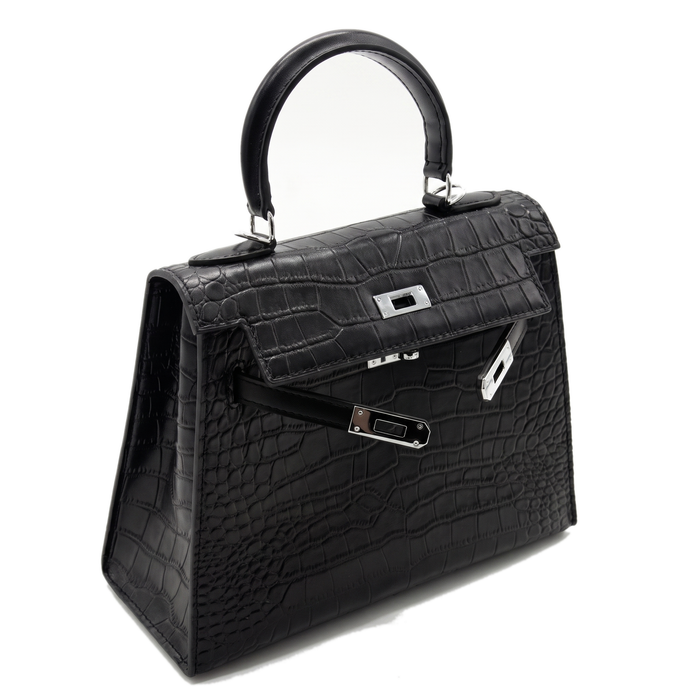 Black croc-embossed leather top handle bag, front view