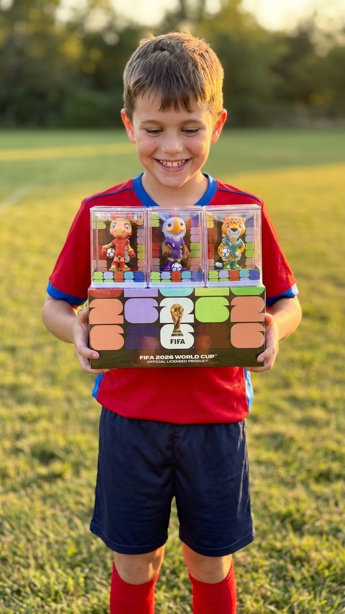 A boy in a football kit holding one of the cased mascots on a sunlit pitch