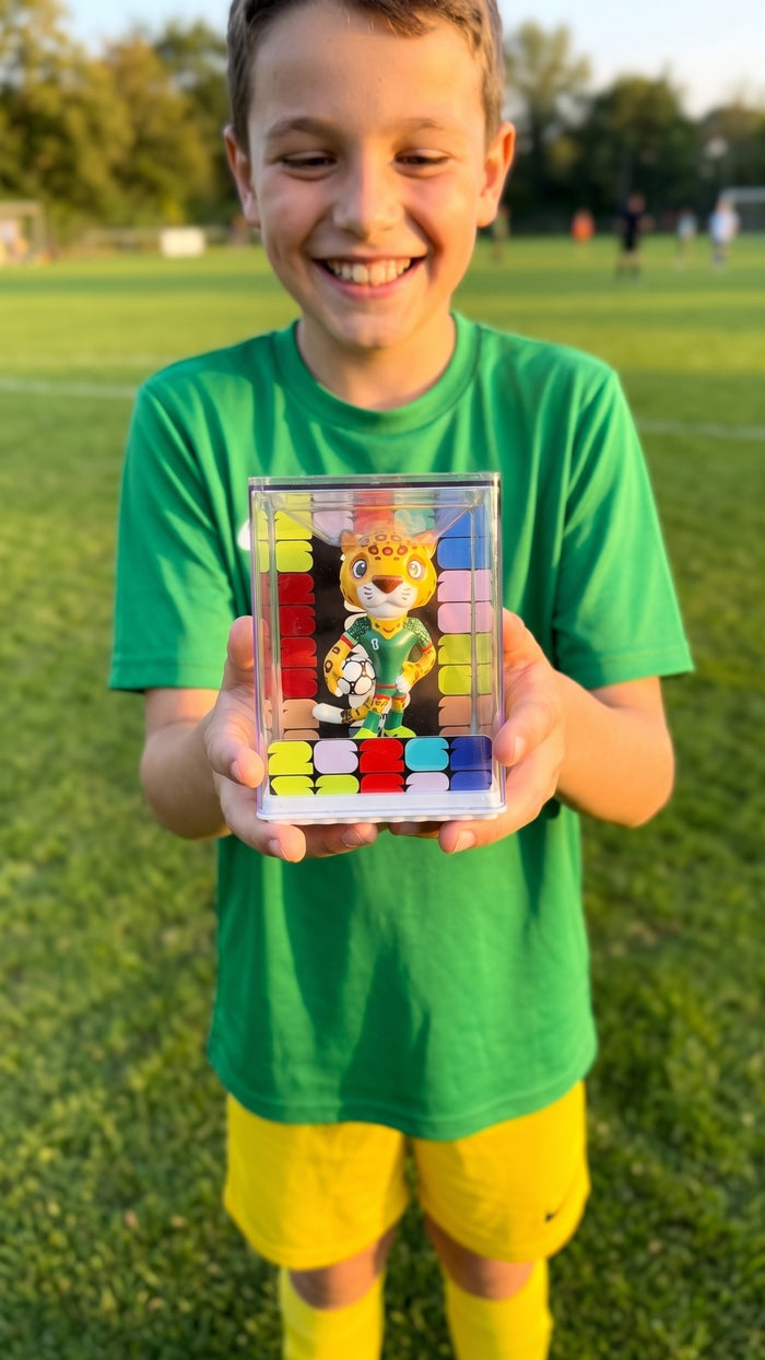 A boy in a football kit holding the cased Zayu the Jaguar figurine on a sunlit pitch