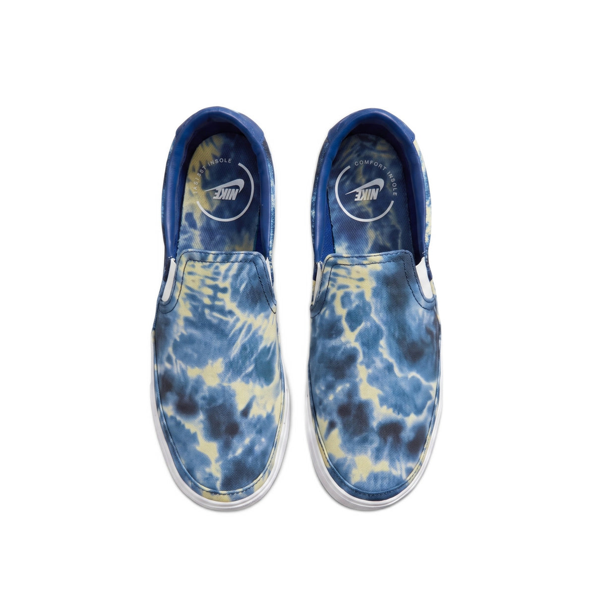 Top-down view of the pair, showing the tie-dye pattern and blue insoles.