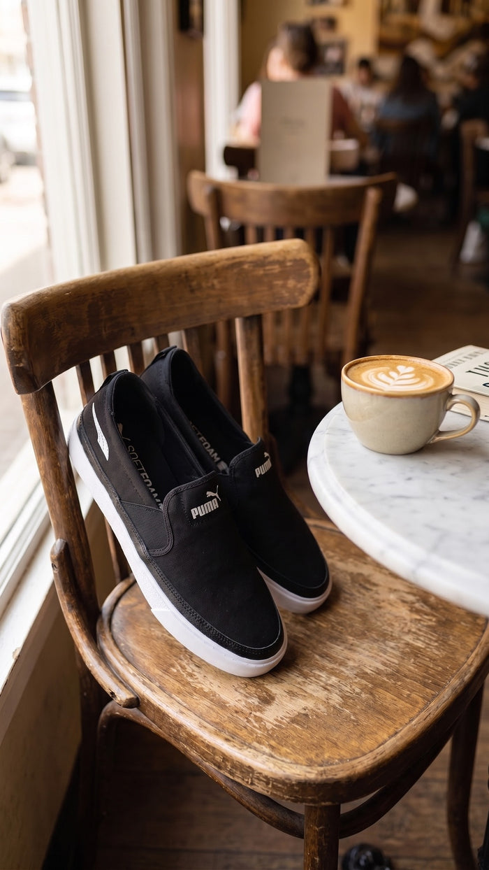 Lifestyle view of the shoes resting on a wooden chair in a cafe next to a coffee cup.