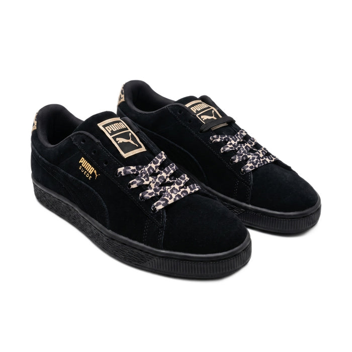 Three-quarter view of both shoes facing right, showing black suede and leopard laces.