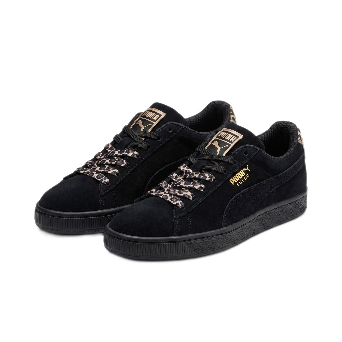Three-quarter view of both shoes facing left, showing gold logo and leopard laces.