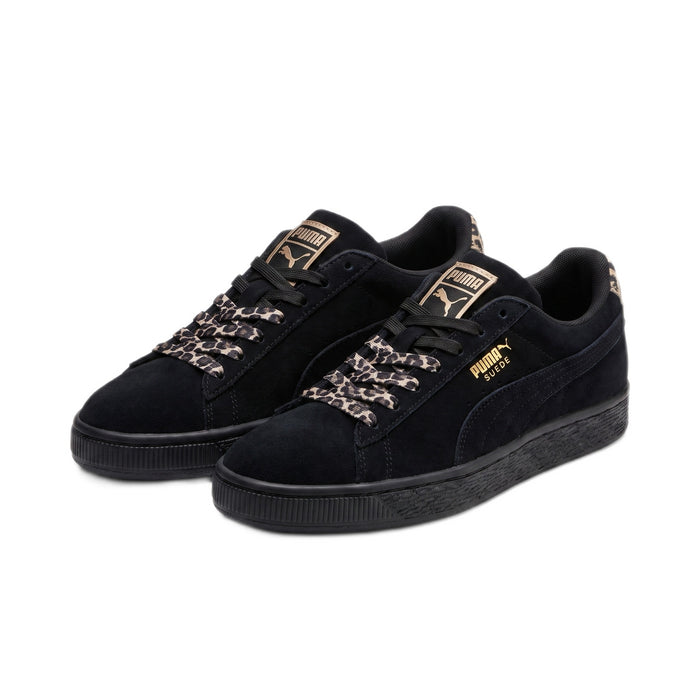 Three-quarter view of both shoes facing left, showing gold logo and leopard laces.