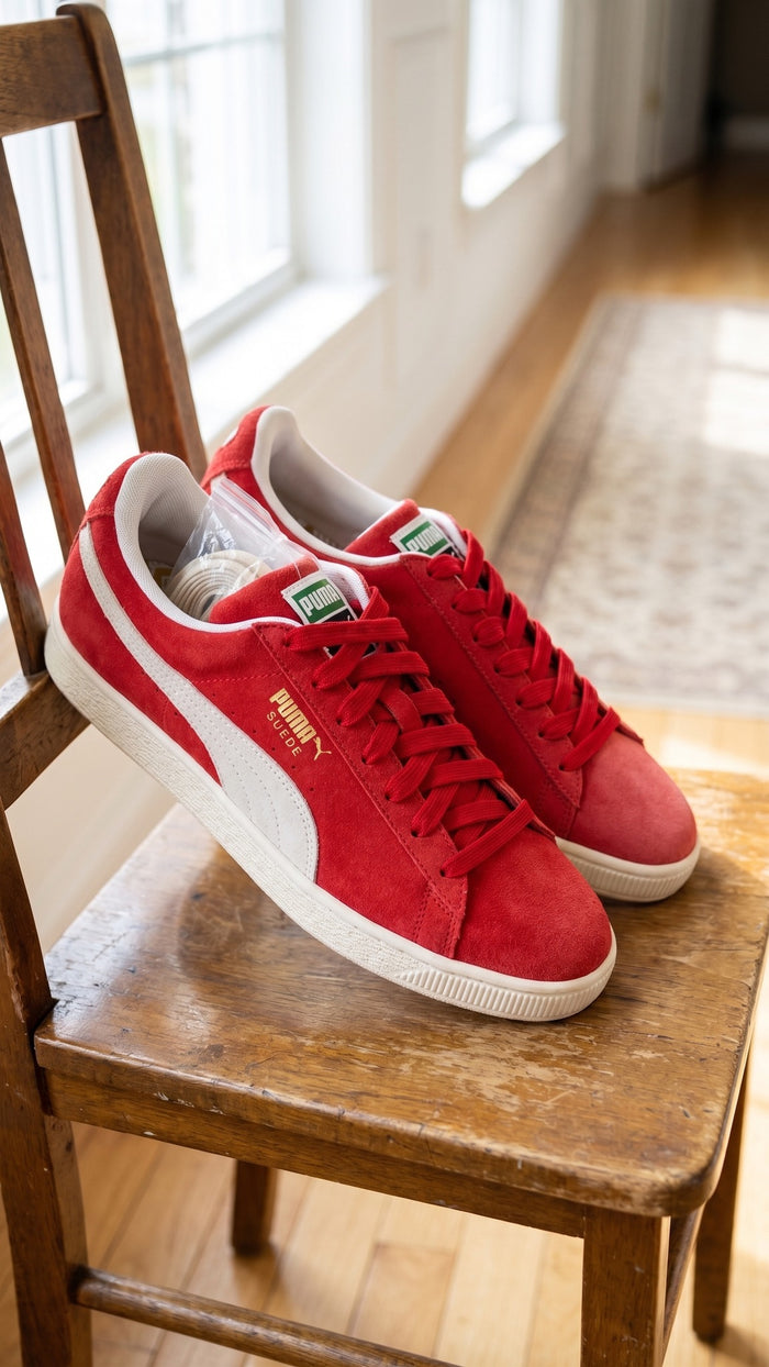Three-quarter view of the pair of red sneakers resting on a wooden chair.