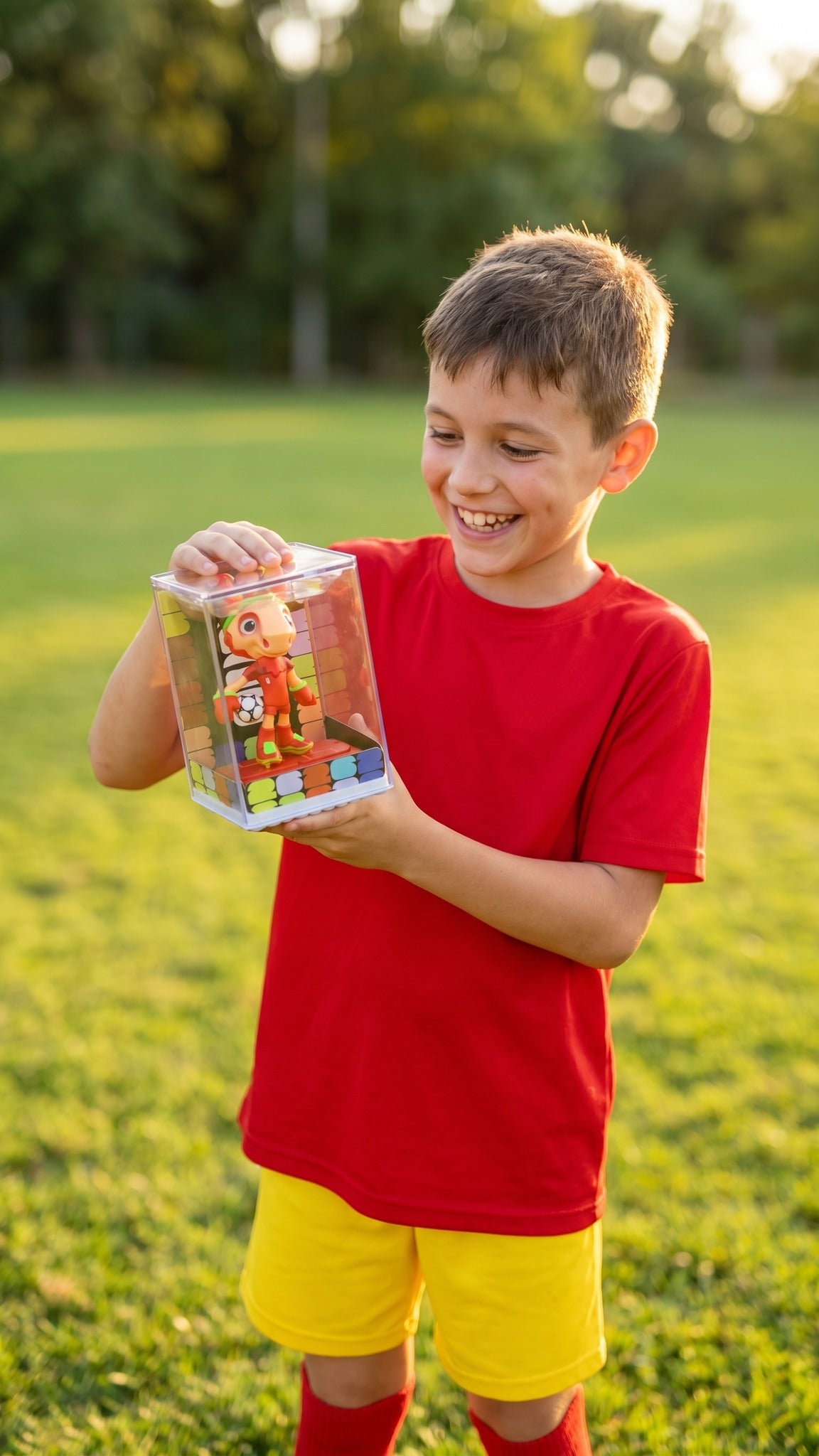 A boy in a football kit holding the cased Maple the Moose figurine on a sunlit pitch