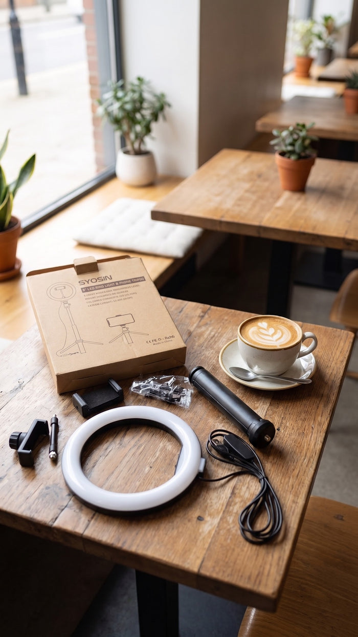 Angled view of the ring light kit and box on a wooden table next to a cup of coffee.