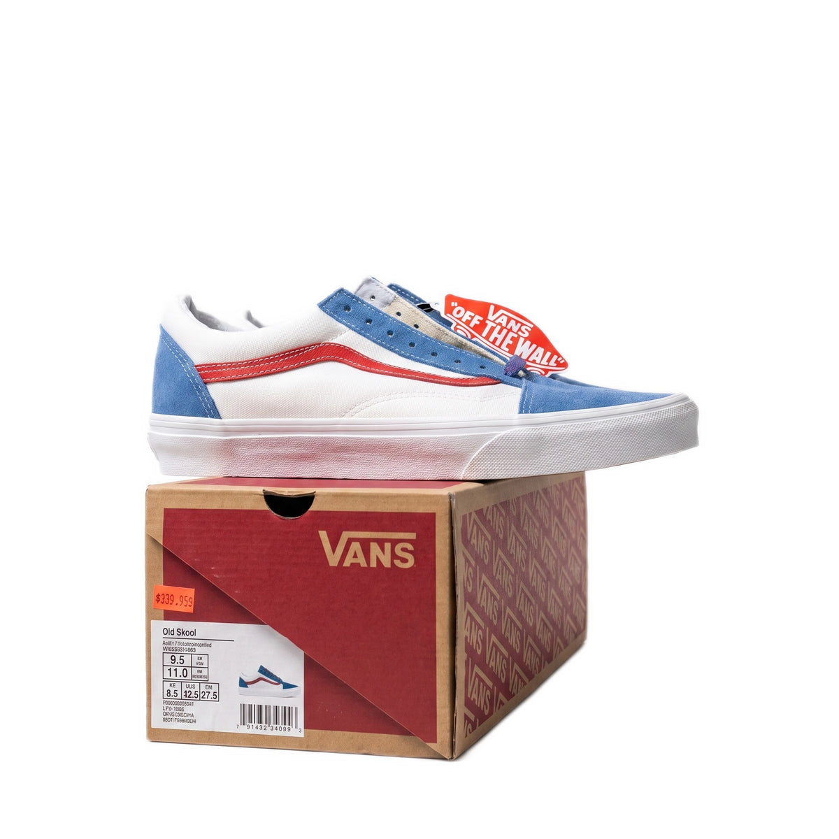 Side profile view of a single shoe sitting on top of its red and brown shoe box.