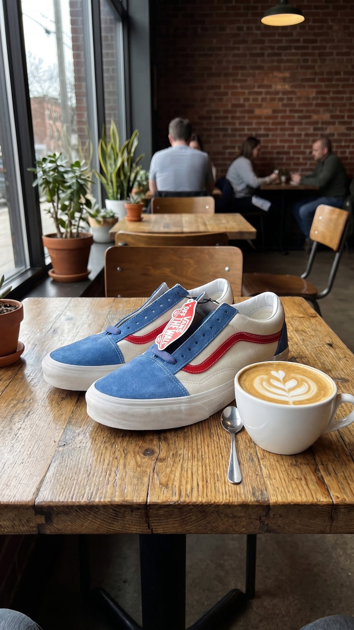 Lifestyle view of the shoes on a wooden table next to a cup of coffee.