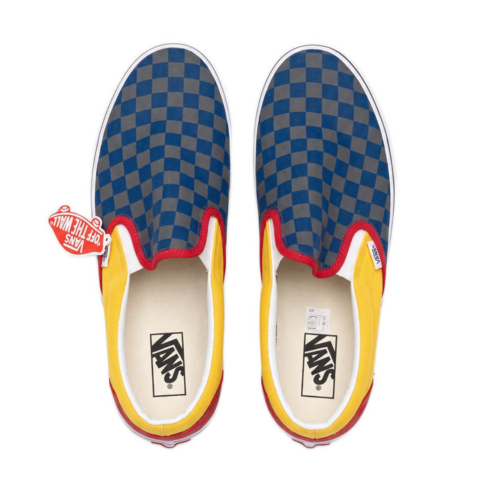 Top-down view showing the insoles and blue checkerboard uppers with yellow sides.