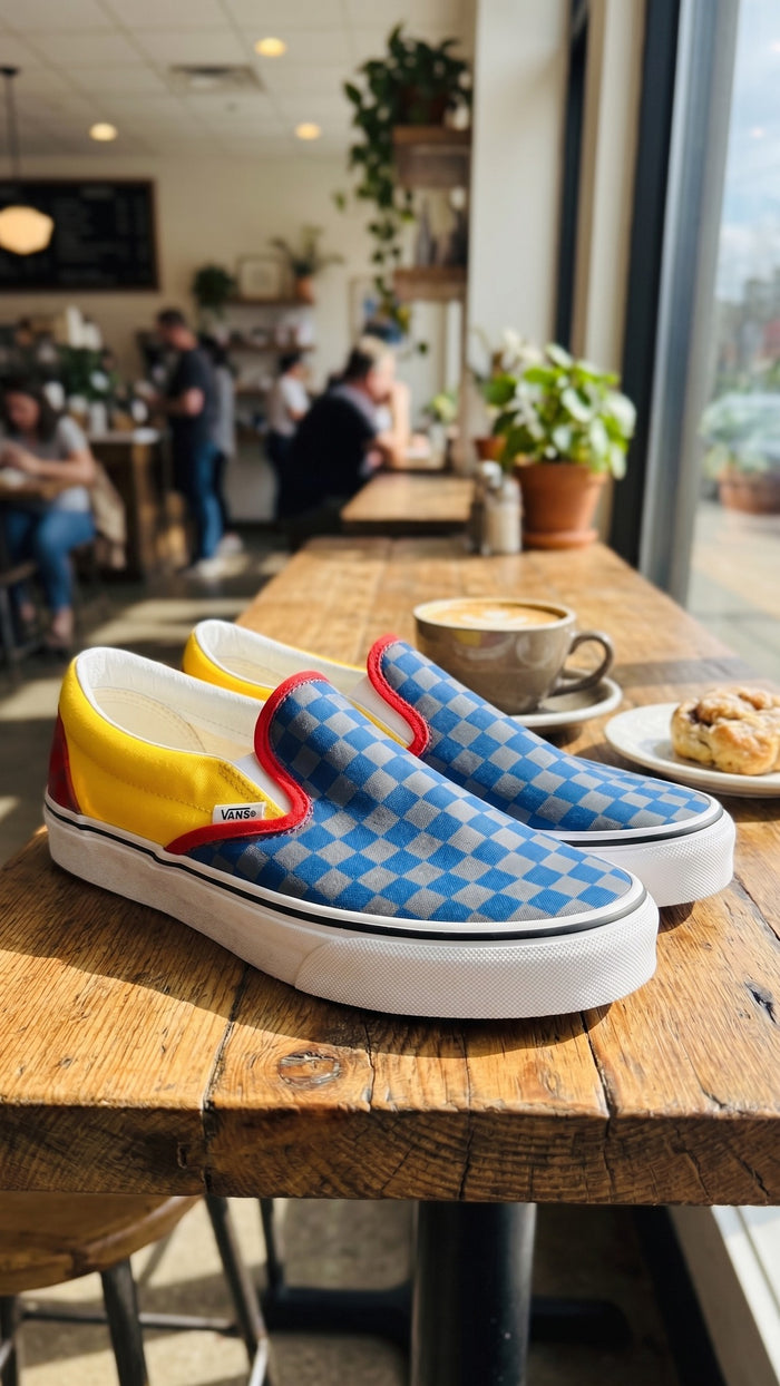Three-quarter view of the shoes displayed on a wooden table in a cafe setting.