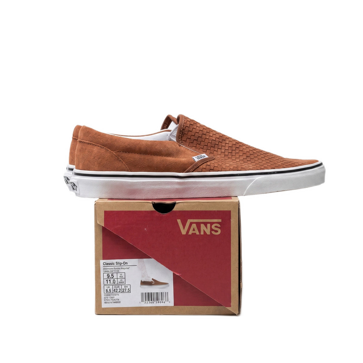 Side profile view of a shoe resting on the Vans shoebox, showing the size label.