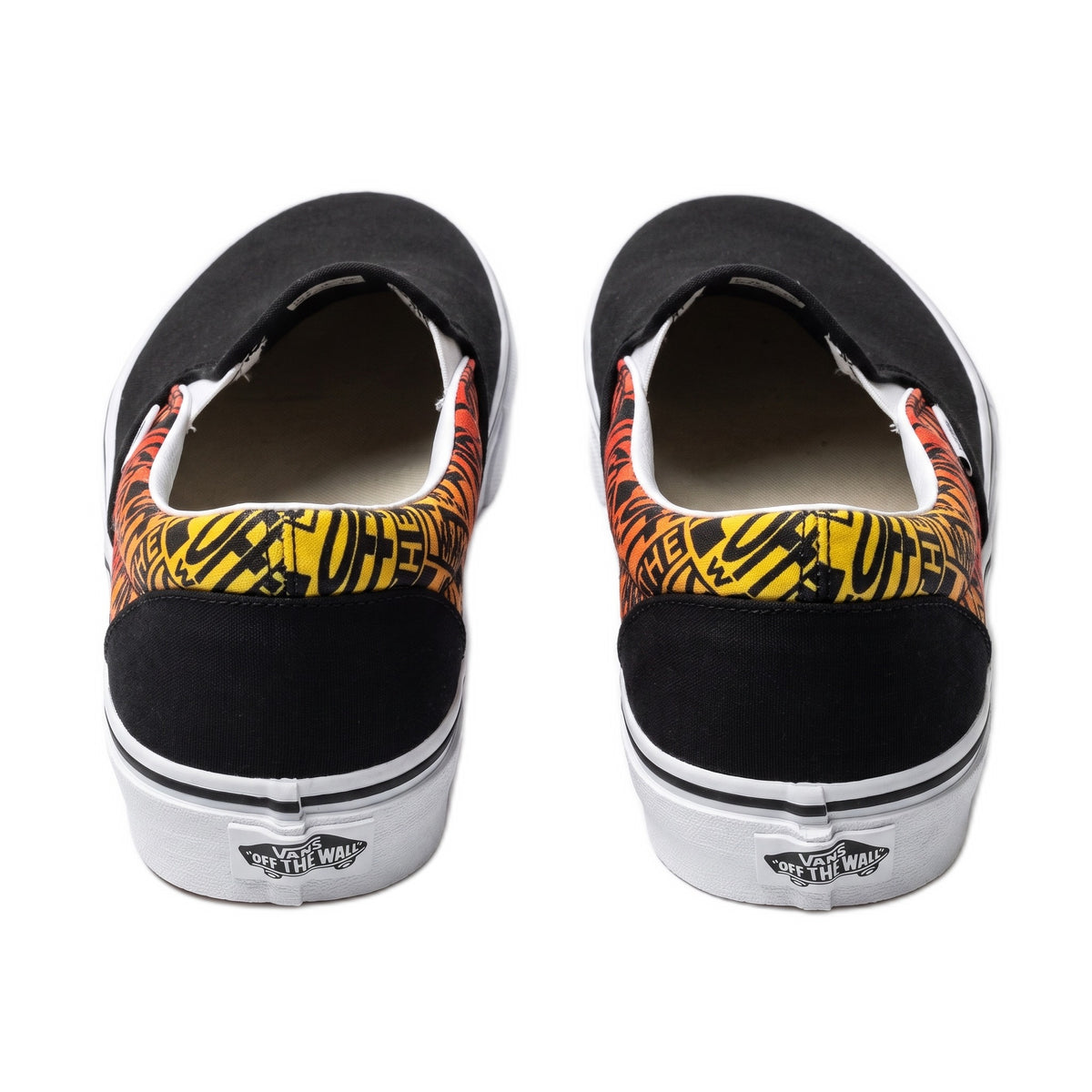 Heel view showing the orange and yellow flame pattern with white "Off The Wall" heel tabs.