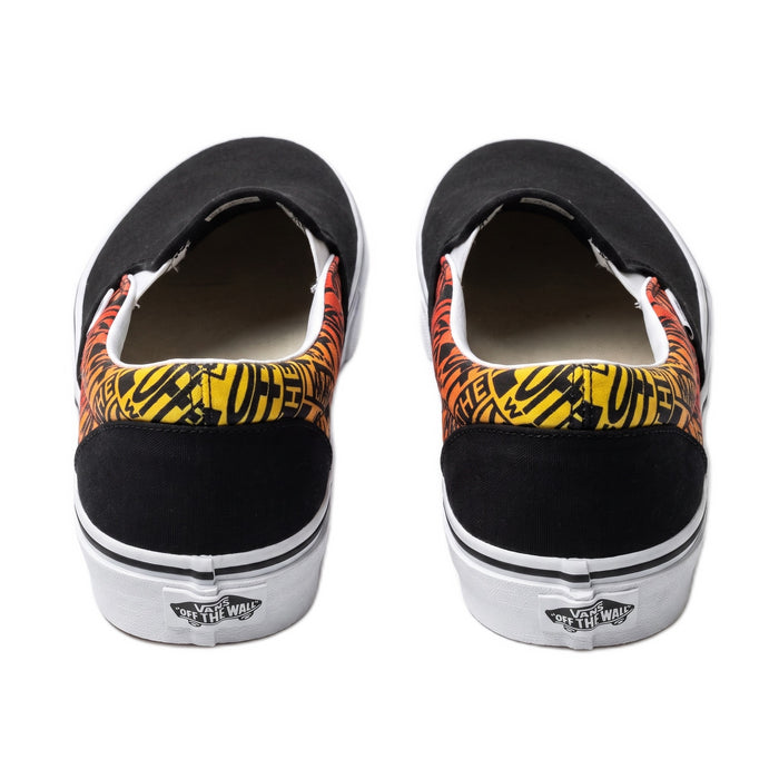 Heel view showing the orange and yellow flame pattern with white "Off The Wall" heel tabs.