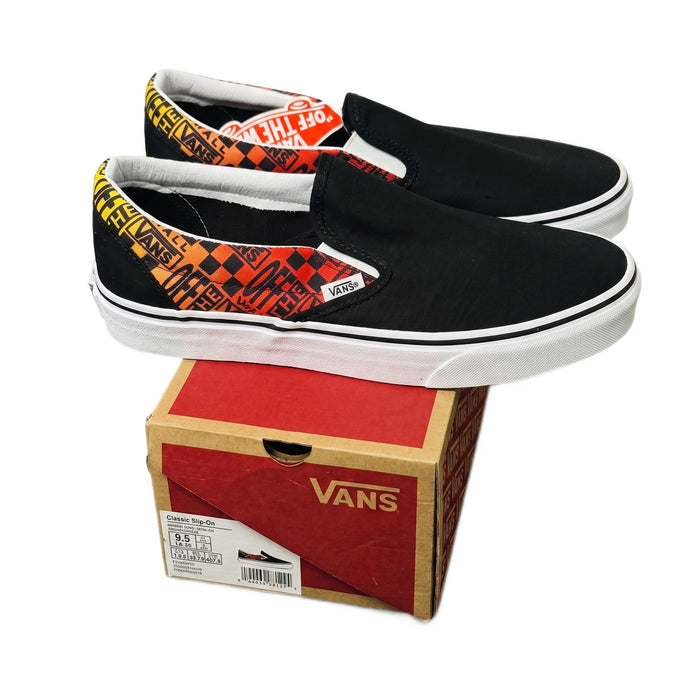 Three-quarter view of both slip-on shoes stacked on top of their original Vans cardboard box.