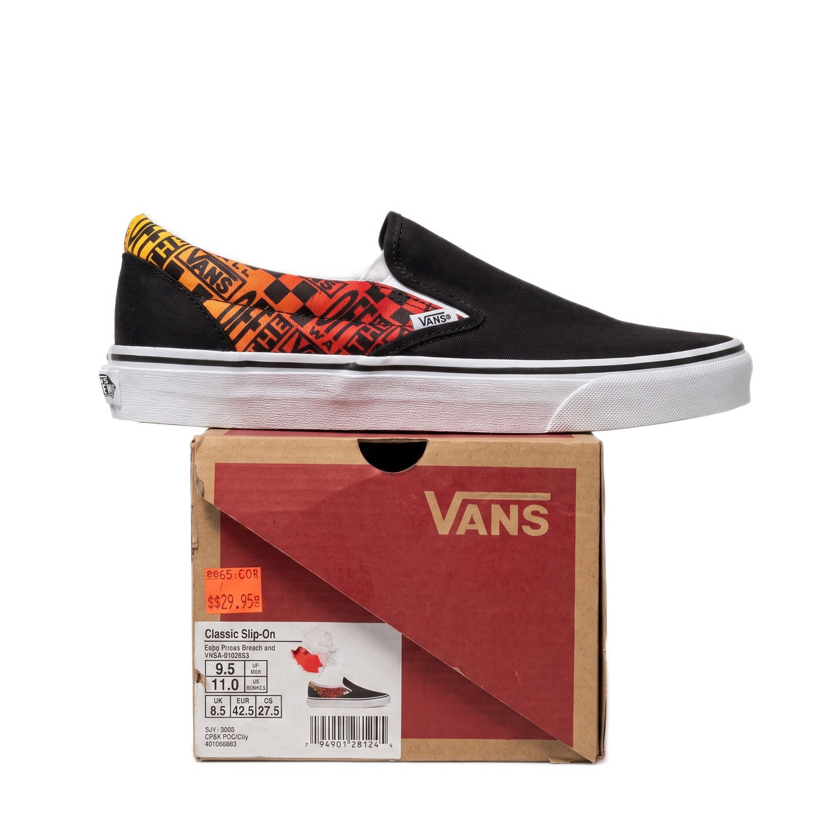 Side profile of one shoe resting on the Vans box, showing the size label on the box end.