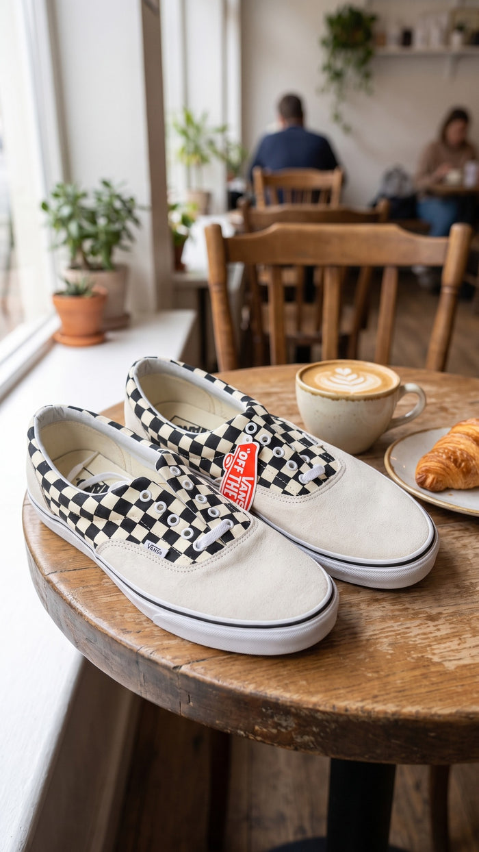 Both sneakers sitting on a wooden cafe table next to a coffee cup.